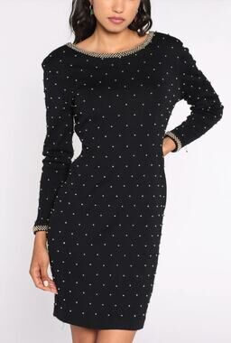 Vintage 90s ET AL Hand Beaded Black Party Mini Dress 12 Long Sleeve Sheath LBD